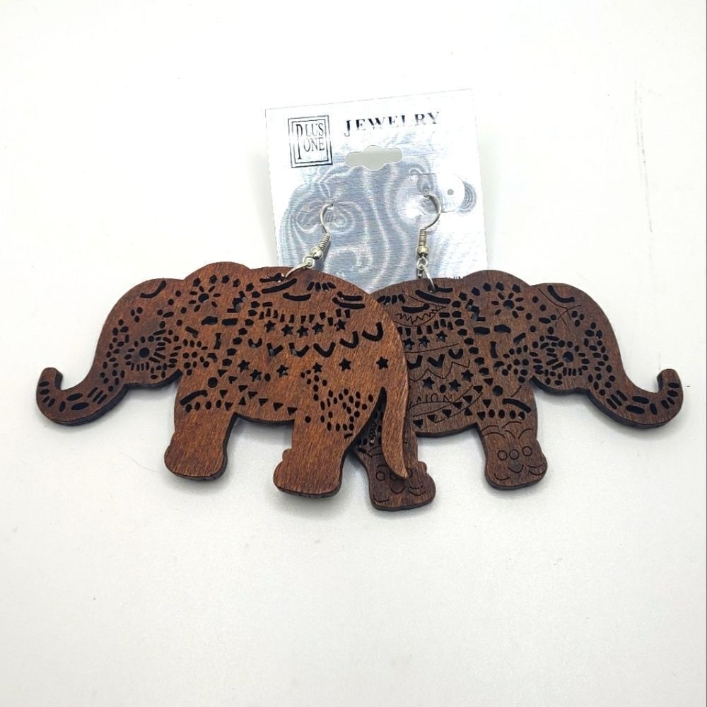 BROWN wooden hand carved elephant boho earrings